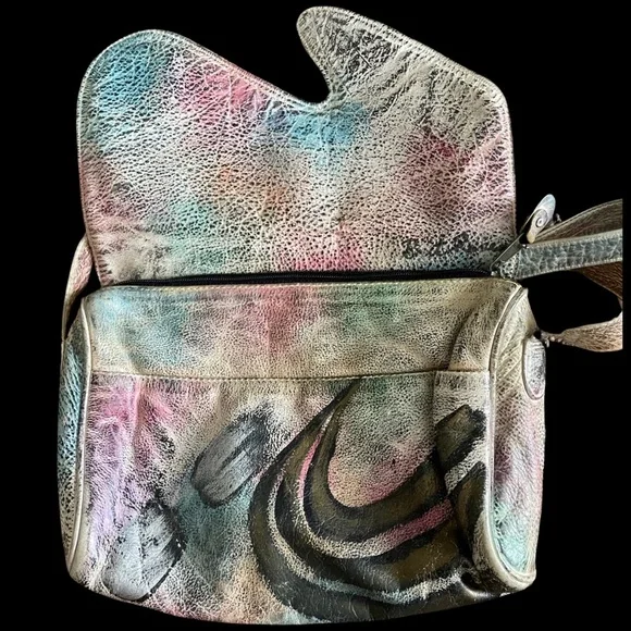OOAK VTG 80s Brit Rosen Signed Hand Painted Abstract Leather Shoulder Bag Purse - Picture 10 of 13